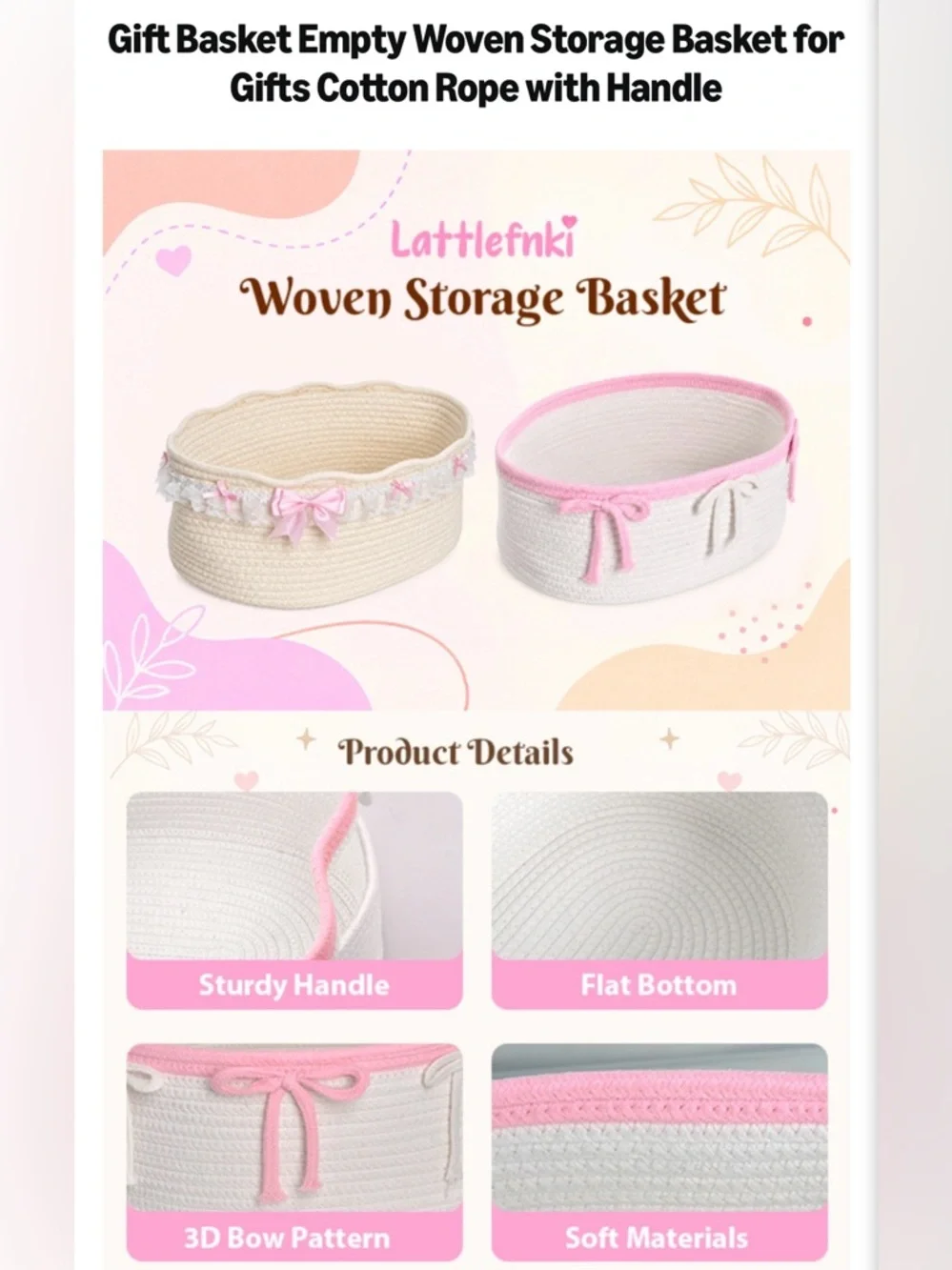 Decorative Pink Ribbon Cotton Rope Gift Basket with Bag & Ribbon
